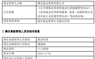 任职10个月 博远基金副总经理蒲建勋离任