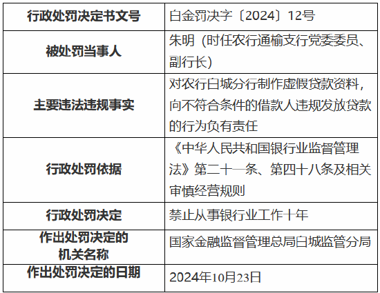 农业银行白城分行被罚135万元：时任行长被终身禁业 其余三名涉事人员被禁业10—20年-第3张图片-云韵生活网