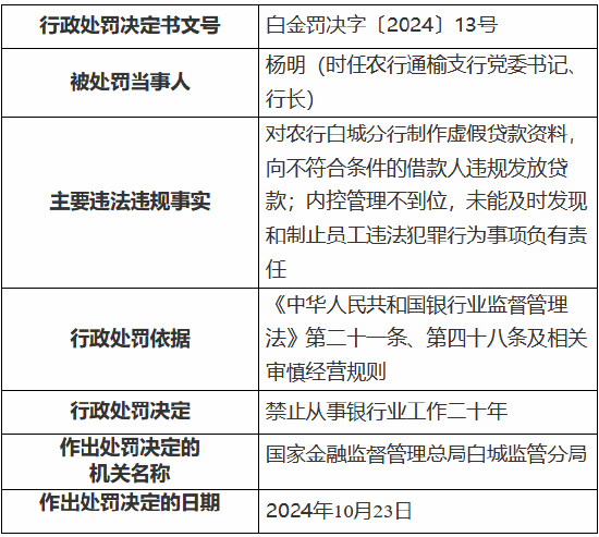 农业银行白城分行被罚135万元：时任行长被终身禁业 其余三名涉事人员被禁业10—20年-第4张图片-云韵生活网