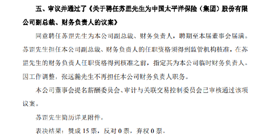 中国太保：同意聘任苏罡为副总裁、财务负责人-第1张图片-云韵生活网