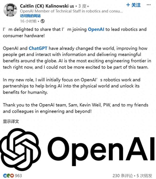 OpenAI变“硬”了！招揽Meta AR眼镜负责人领导机器人业务-第1张图片-云韵生活网