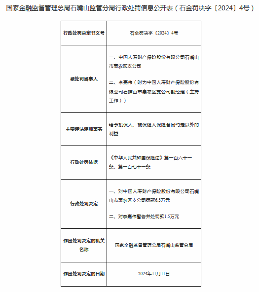 国寿财险石嘴山市惠农区支公司被罚6.5万元：因给予投保人合同约定以外利益-第1张图片-云韵生活网