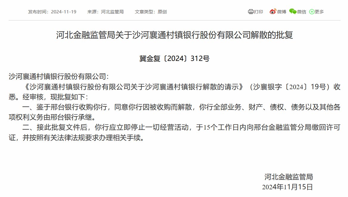 邢台银行收购合并 河北两家村镇银行获批解散-第1张图片-云韵生活网