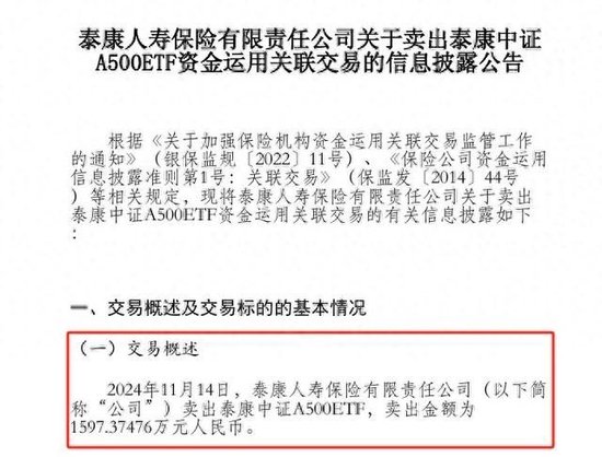 泰康人寿首度披露卖出泰康中证A500ETF 涉资近1600万元 此前20日内连续5次买入-第1张图片-云韵生活网